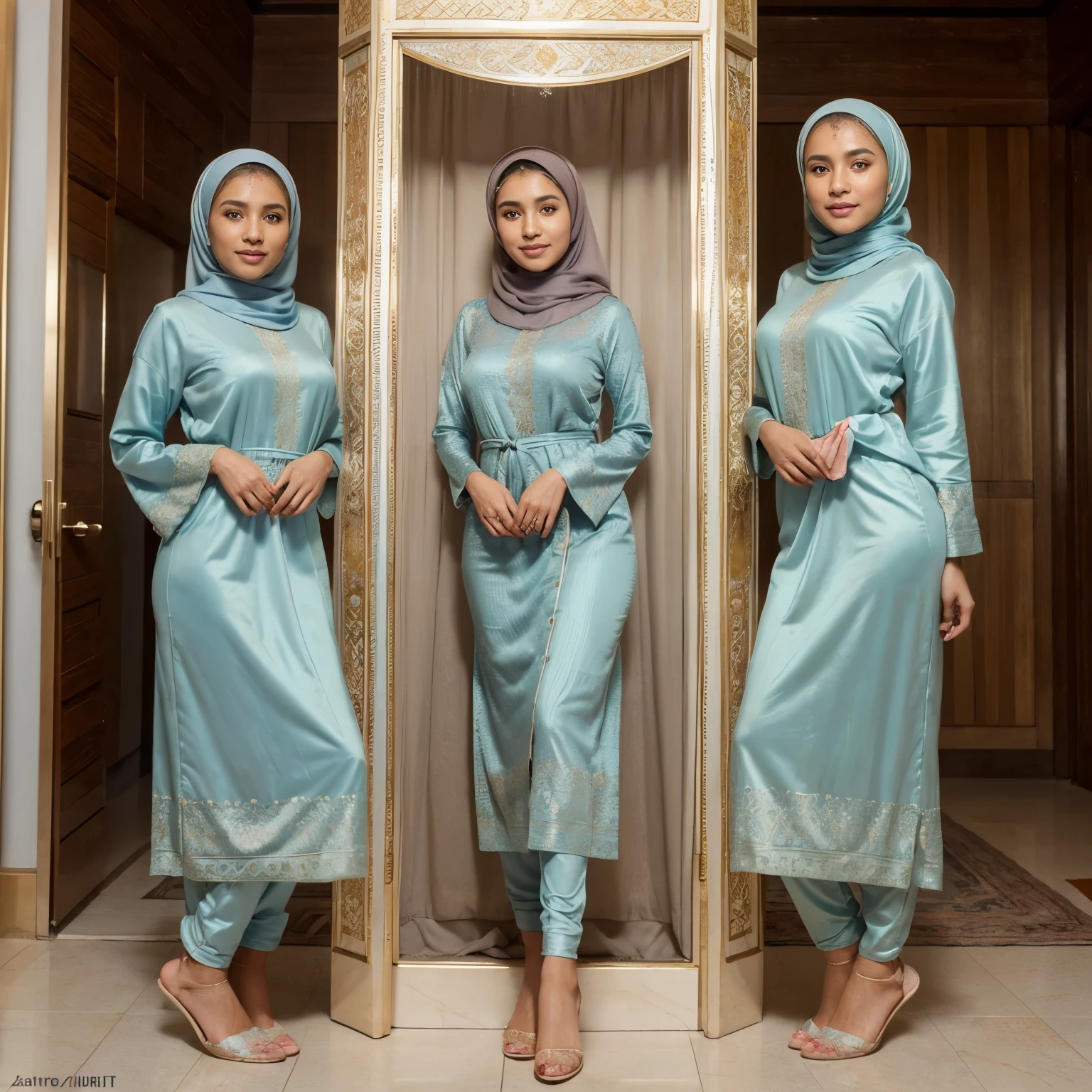 (Best quality, high resolution, masterpiece: 1.3), beautiful Javanese huge lady in hijab, slim figure, detailed facial and skin texture, detailed eyes, double eyelids, green eyes, long legs, HDR, 8k resolution, nice fingers, brown skin, ((( high detailed skin, visible pores))), 1 female, tall, standing be side a table, 18 years old, wearing hijab and pastel Arabic Silk long dress Muslim robes,iled all Full Body picture, Beautiful smile, perfect detailed wearing slippers