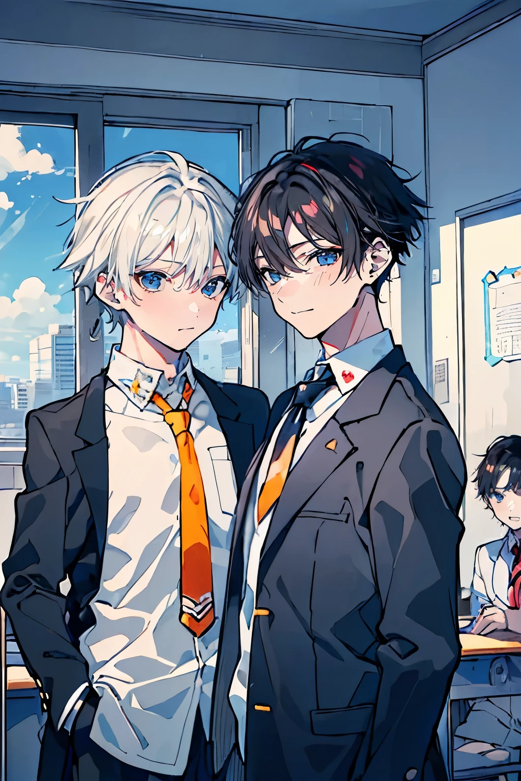 (muste piece), (best quality), very detailed, (((Two friendly high school boys:1.5))), perfect face, beautiful face, very detailed face,(black haired man:1.3),(white haired man:1.3),School,classroom,student uniform,tie,shirt