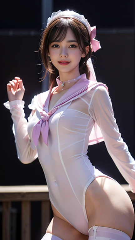 (RAW photo、highest quality)、(realistic、Photoreal:1.3)、highest quality、masterpiece、very delicate and beautiful、A hvery detailed、nffsw、sense of oneness、2k wallpaper、growing up、Beautiful in every detail、masterpiece、light smile、highest quality、Hvery detailed ticker Unity 8K wallpapers、huge file size、Super detailed、High resolution、very detailed、((Euphoric look))、((orgasm:1.2))、((smile:1.15))、((sweating:1.4))、((translucent:1.55、Characterized by a collar that sticks to your skin and a beautiful silhouette.、Pale transparent pink-purple sailor suit-style see-through bodysuit....:1.6))、blue and purple、ribbon、sailor hat、double ruffle garter、super cute girl、10th generation、Part of an idol group、(((at the concert「ザ☆ピ〜s!」dancing)))、(spread your legs wide), (Pull your hips back), (Arch the upper body), and place your left hand on your hip.、Right hand salutes with two fingers、Hair is moving、Spotlight、professional lighting、cinematic light、Three dimensions、viewer'perspective、pink pussy,Hard, small, pink nipples、Beautiful breasts with perfect shape、perfect shaped beautiful butt