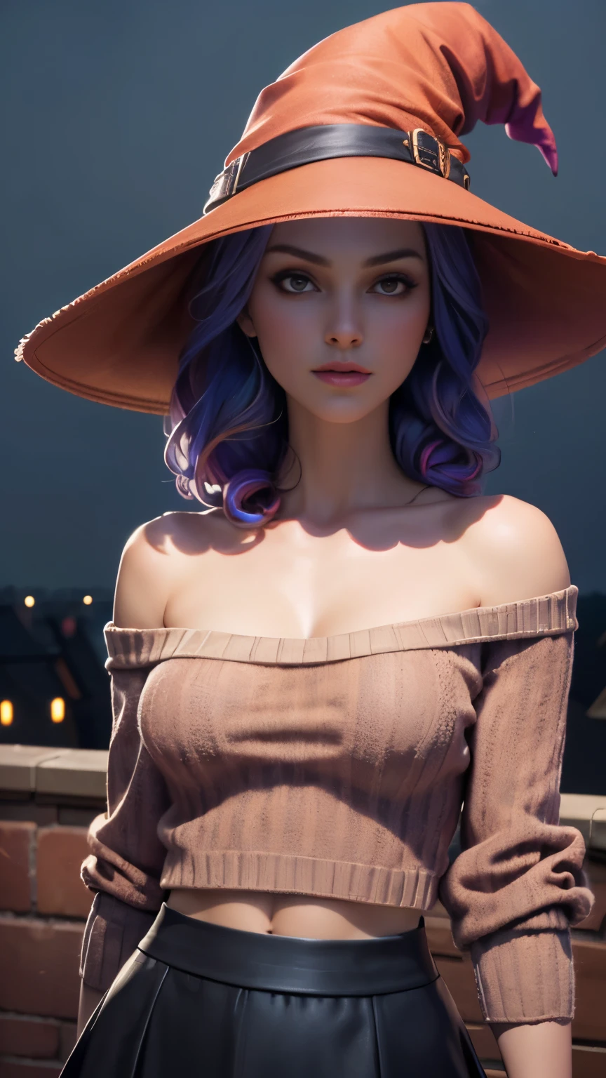 photo of celebrity, RAW, beautiful woman, ((portrait)), ((detailed face, colorful rainbow hair:1.2)), ((detailed facial feature, detailed skin, clear skin, parted lips), (perfect proportioned body, medium breasts, cleavage), (wearing a cropped off shoulder sweater, a long skirt, and witch hat: 1.5)), (high detailed Manor rooftop: 1.3), (realistic photo, best quality, detailed), (8k wallpaper), (cinematic lighting, dramatic lighting) (sharp focus, intricate)