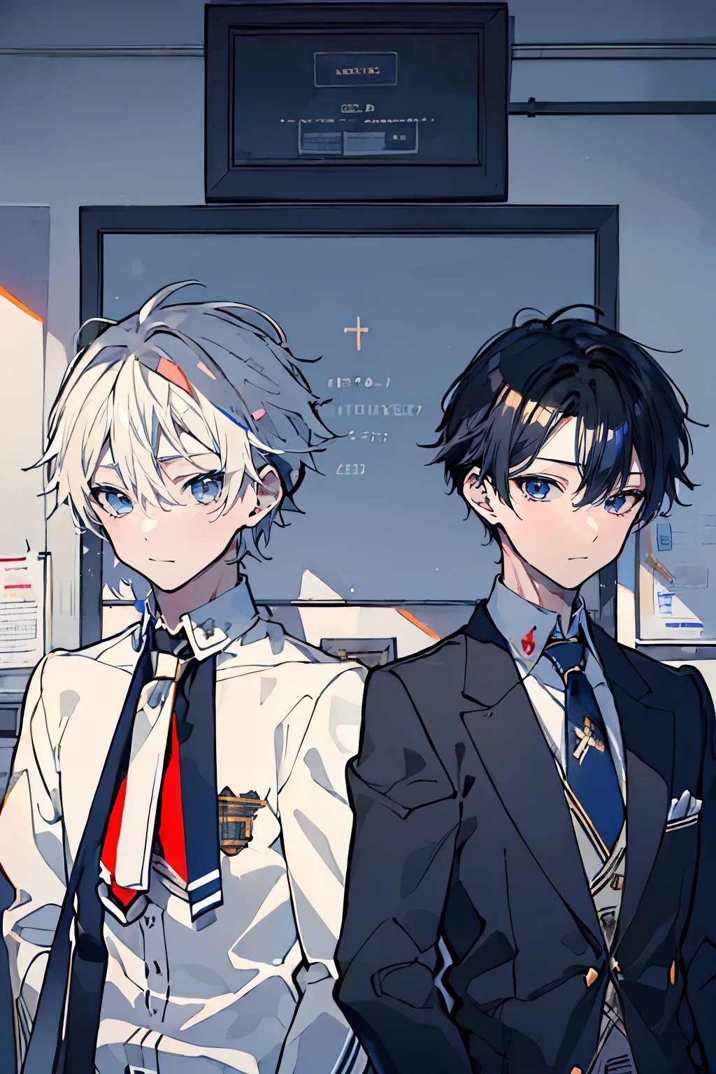 (muste piece), (best quality), very detailed, (((Two friendly high school boys:1.5))), perfect face, beautiful face, very detailed face，(black haired man:1.3)，(white haired man:1.3)，School，classroom，student uniform，tie，shirt