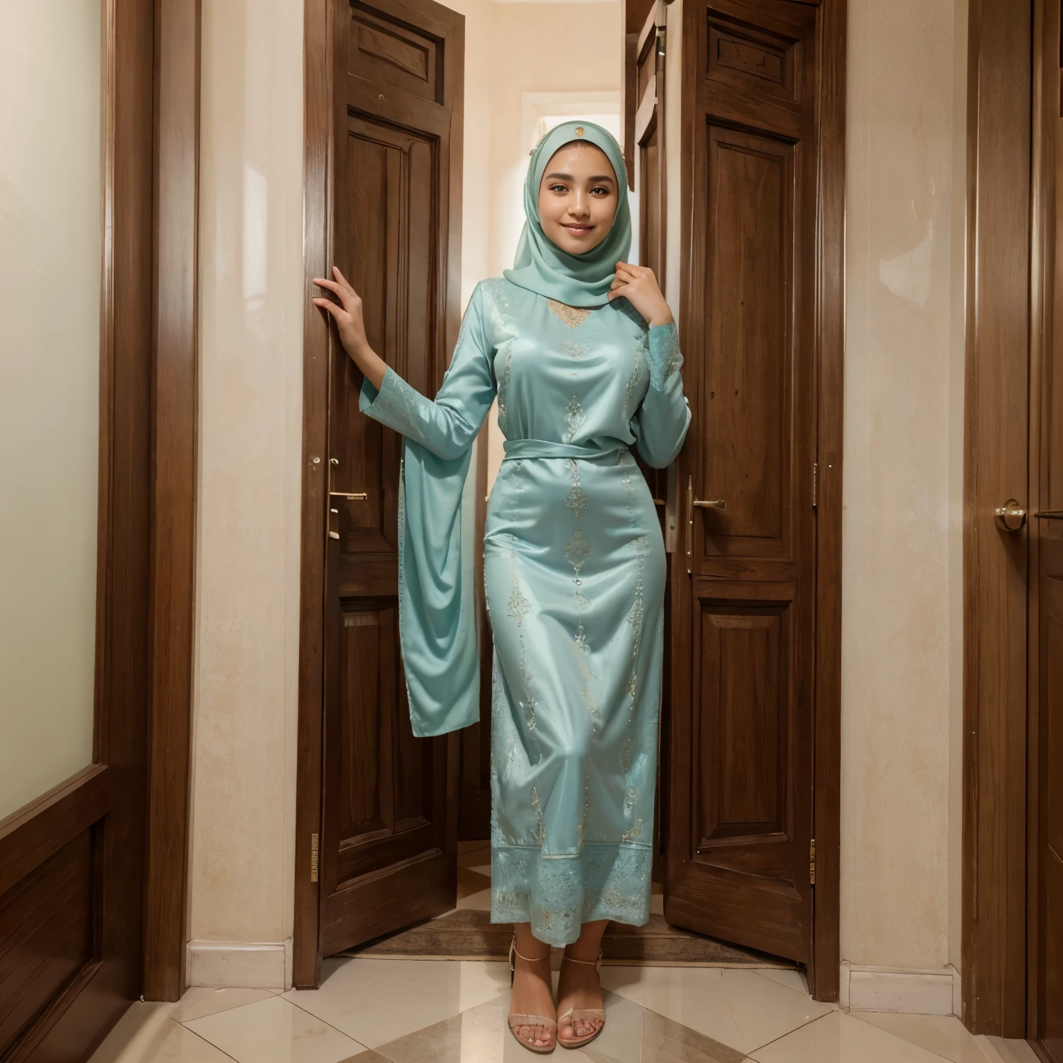 (Best quality, high resolution, masterpiece: 1.3), beautiful Javanese big tits lady in hijab, slim figure, detailed facial and skin texture, detailed eyes, double eyelids, green eyes, long legs, HDR, 8k resolution, nice fingers, brown skin, ((( high detailed skin, visible pores))), 1 female, tall, standing be side a table, 18 years old, wearing hijab and pastel Arabic Silk long dress Muslim robes, detailed all Full Body picture, Beautiful smile, perfect detailed wearing slippers