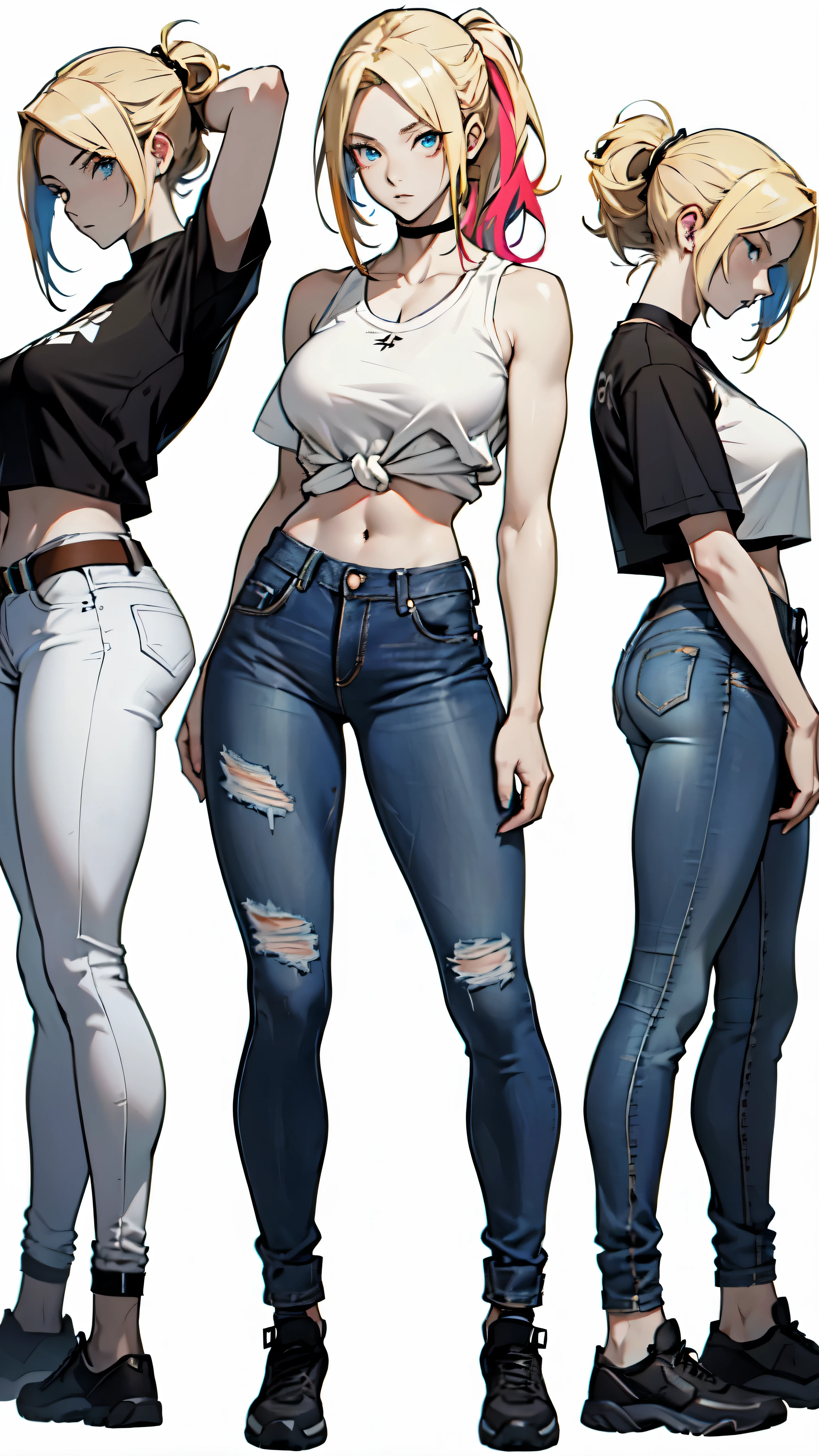 (absurdres, highres, ultra detailed),(absurdres, highres, ultra detailed), 1 female, realistic, young, beautiful, tall lady, thin waist, top model, (((big breasts))), finely detailed eyes and detailed face, warm smile, ((very long hair)), (very long thin ponytail with Blunt Bangs hairstyle), ((wearing a white tank top and jean mini skirt))), bare arms, bare legs, (white sneakers), cute expression, ((anime character sheet)), (((full body))), (several poses and expressions), blue eyes, ((blonde hair)), posing, (((pale skin))), white background