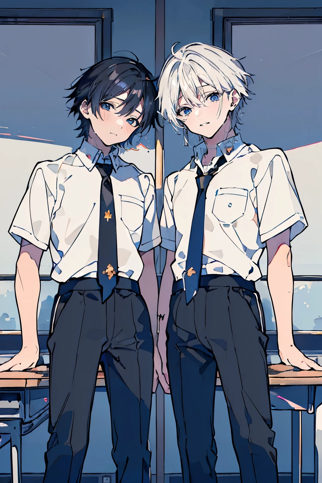 (muste piece), (best quality), very detailed, (((Two friendly high school boys:1.5))), perfect face, beautiful face, very detailed face,(black haired man:1.3),(white haired man:1.3),School,classroom,student uniform,tie,shirt