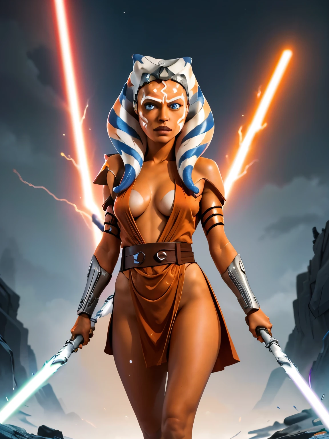 (masterpiece, best quality), 1girl, beautiful face, ahsoka_tano, orange skin, facial mark, tattoo, cleavage, fully clothed, pink jedi robe, walking, serious look, full body shot, holding light saber in each hand, ready to duel, planet destruction in background, lightning in sky