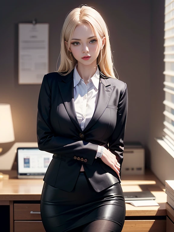 (best quality, 8k, highres, photorealistic:2.0), (solo, one girl:2.0),(lighting: front),(lighting: strong),(ultimate beautiful girl:2.0),(shiny skin),(oily skin),(platinum blonde hair:1.5),Blush brown makeup , dark eye makeup , use pink glossy lipstick,(big eyes girl:1.5),(woman with slender figure:1.5),(Photographed in the sophisticated office of an information technology company:1.8),(elite business woman:1.8),(girl amazing sex appeal:1.5),(ultimate eleance),(ultimate ),(Career woman who can work very well),(I'm so absorbed in work that I don't have a boyfriend),(woman not interested in love),(I'm not interested in fashion),(I wear accessories that do not interfere with my work.),(she has no love experience at all),(she feels alone),(She is not good at talking to men),(she is shy and silent),(I don't want to stand out and I'm concerned about people's attention),(She has a dark personality and negative thoughts.:1.5),(she suffers from depression),(She has many complexes and has no one to rely on.),(wearing business clothes),(A woman who takes her work seriously),(I'm a little unwell),(I like coffee and drink it all the time),(mentally unstable),(I have a hard time with insomnia.),(unpopular woman),(unconfident:1.5),(under stress),(plain and introverted woman:1.3),(She has a hobby that she cannot tell anyone about, and that is .),(she fantasizes about sex),(she is pure),(prefers formal clothes:1.5),(wearing a tight skirt)
