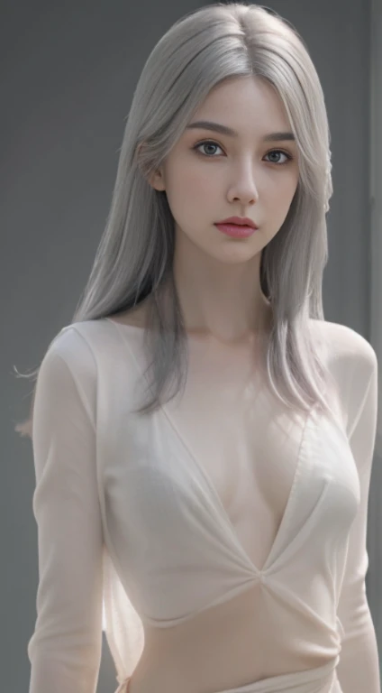 1girl, ((Upper body, narrow waist, waist, girl, gray hair, long hair, black eye)), (Front view, From before), looking at the viewer, highest quality, masterpiece, ultra high resolution, (realistic:1.4), 8k, clean, (incredibly absurd, super detailed,CG ,unity ,8k wallpaper), (detailed face :1.4),(detailed and beautiful eyes :1.2),(fine hair), light shines on your face, cinematic lighting, perfect face, lips, adult, alone, see through panties,Completely naked, See through, (( white skin, real skin, middle_chest))pink pussy,Hard, small, pink nipples、完璧な形のきれいなchest、perfect shaped beautiful butt