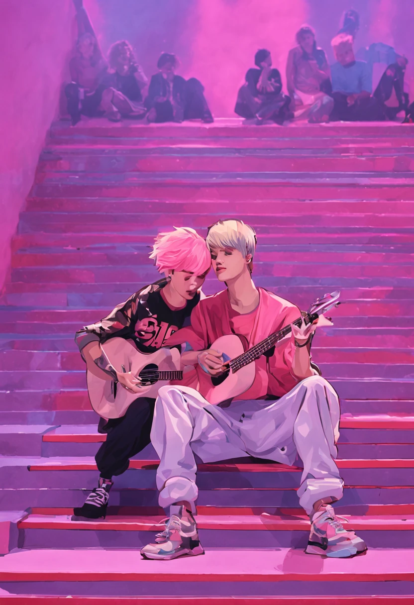 justin bieber wearing nike clothes sitting on a theater stairs playing guitar and singing. next to him is a woman with short pink hair, olhos azuis, rindo e segurando um bolo com velas.