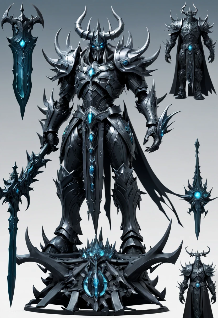 (character design sheet:1.5)，Demonic battlefield，Mechanical Lich King，The Lich King&#39;s future weapons，Mechanical structure，High-tech equipment，magical creatures，three sided view, figure, Reference table, gothic art, ultra high definition, retina, masterpiece, 1080p, 16k, Award-winning