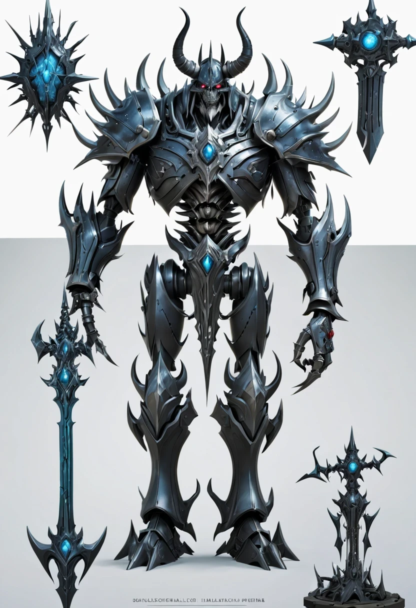 (character design sheet:1.5),Demonic battlefield,Mechanical Lich King,The Lich King's future weapons,Mechanical structure,High-tech equipment,magical creatures,three sided view, figure, Reference table, gothic art, ultra high definition, retina, masterpiece, 1080p, 16k, Award-winning