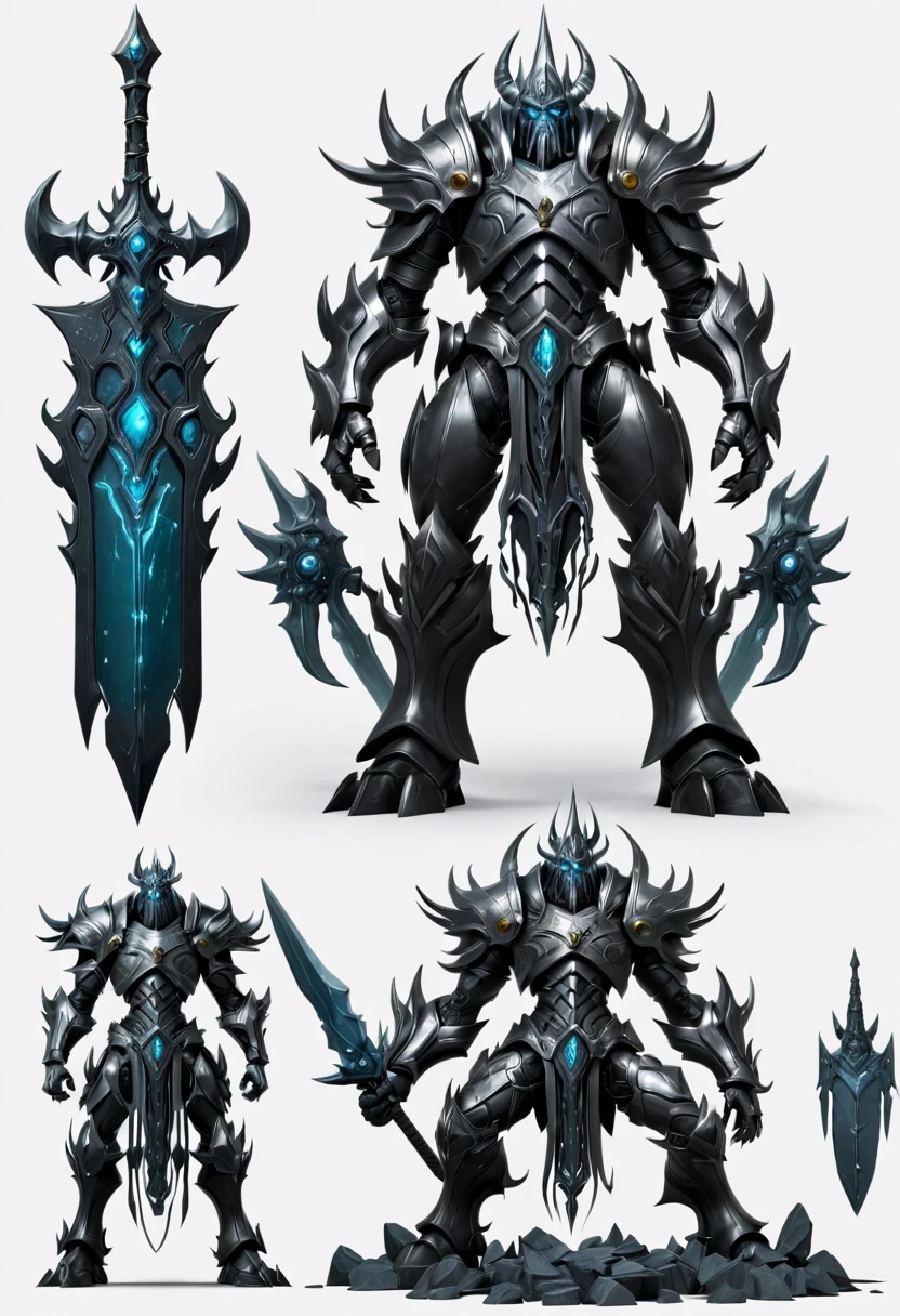 (character design sheet:1.5)，Demonic battlefield，Mechanical Lich King，The Lich King&#39;s future weapons，Mechanical structure，High-tech equipment，magical creatures，three sided view, figure, Reference table, gothic art, ultra high definition, retina, masterpiece, 1080p, 16k, Award-winning