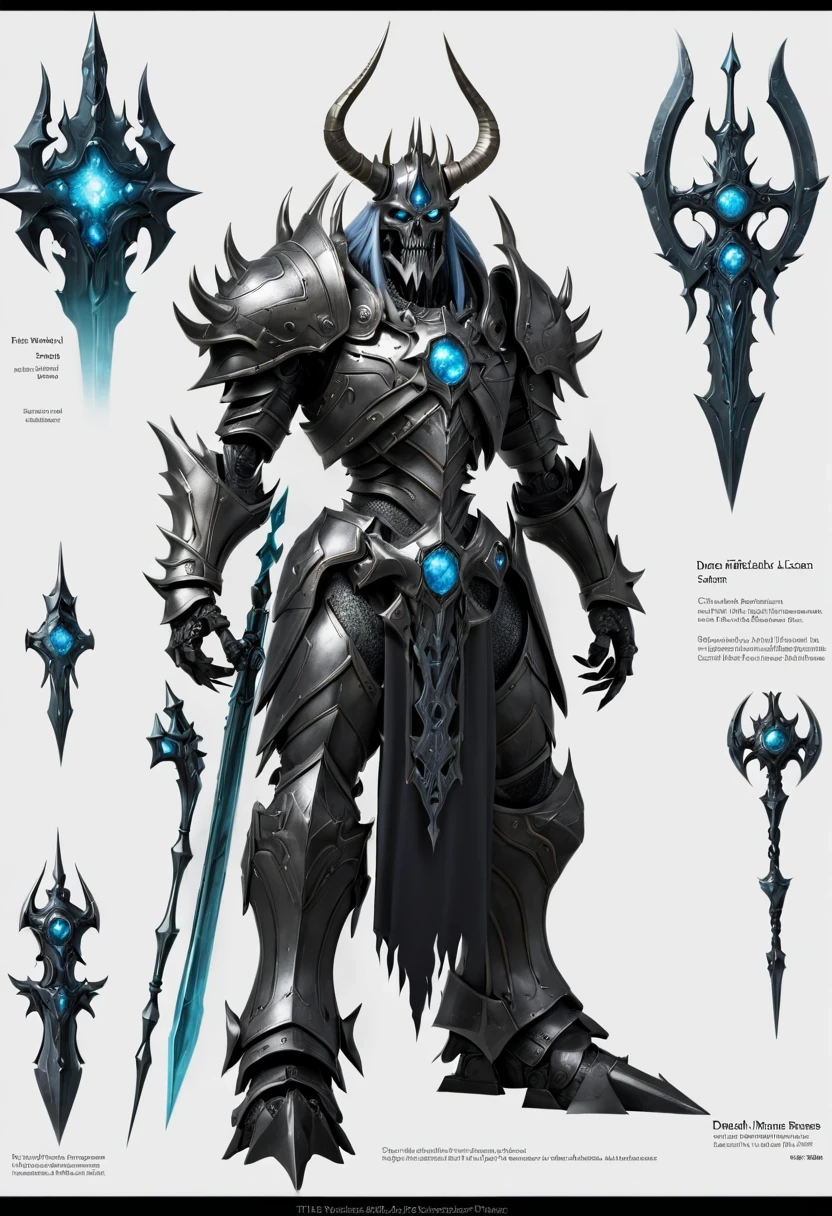 (character design sheet:1.5)，Demonic battlefield，Mechanical Lich King，The Lich King&#39;s future weapons，Mechanical structure，High-tech equipment，magical creatures，three sided view, figure, Reference table, gothic art, ultra high definition, retina, masterpiece, 1080p, 16k, Award-winning