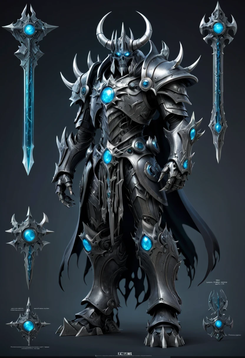 (character design sheet:1.5)，Demonic battlefield，Mechanical Lich King，The Lich King&#39;s future weapons，Mechanical structure，High-tech equipment，magical creatures，three sided view, figure, Reference table, gothic art, ultra high definition, retina, masterpiece, 1080p, 16k, Award-winning