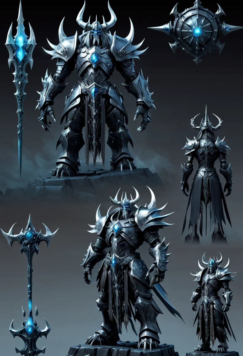 (character design sheet:1.5)，Demonic battlefield，Mechanical Lich King，The Lich King&#39;s future weapons，Mechanical structure，High-tech equipment，magical creatures，three sided view, figure, Reference table, gothic art, ultra high definition, retina, masterpiece, 1080p, 16k, Award-winning