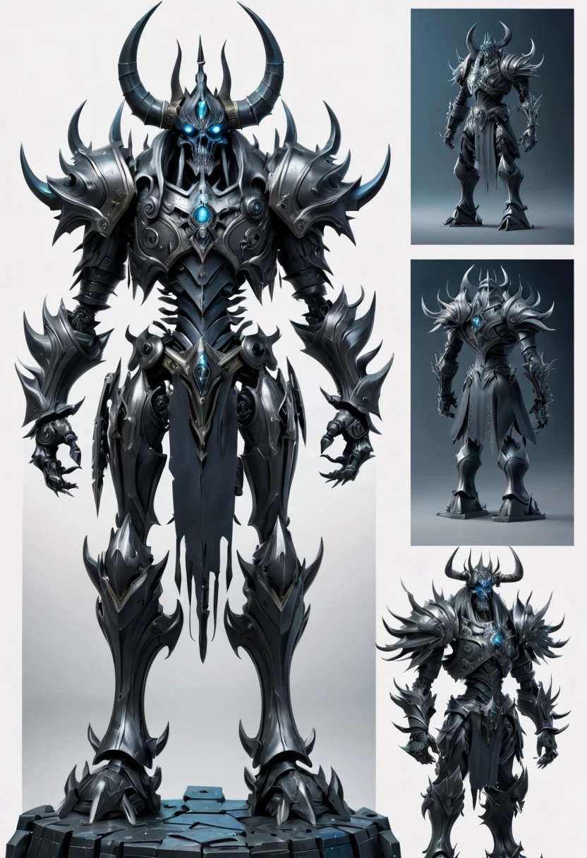 (character design sheet:1.5)，Demonic battlefield，Mechanical Lich King，The Lich King&#39;s future weapons，Mechanical structure，High-tech equipment，magical creatures，three sided view, figure, Reference table, gothic art, ultra high definition, retina, masterpiece, 1080p, 16k, Award-winning