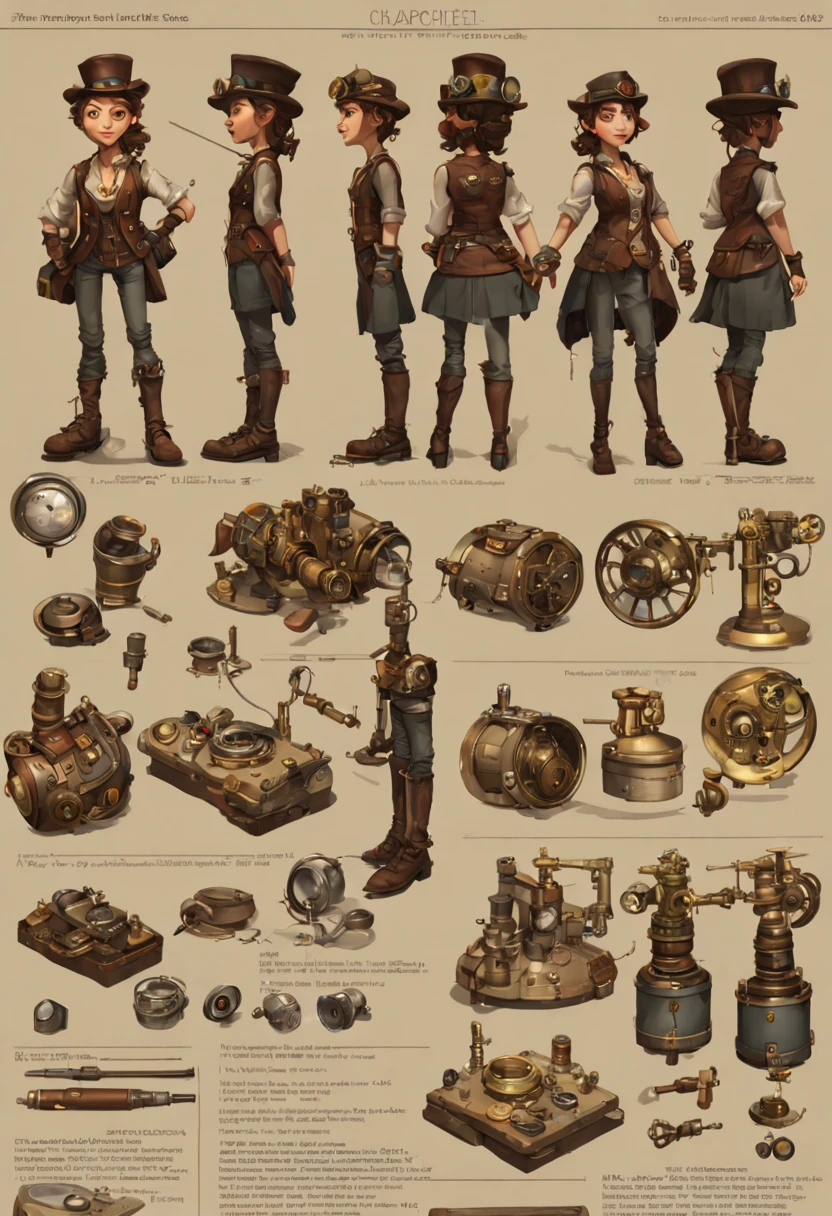 character reference sheet {Photorealistic Image of a steampunk inventor in her workshop surrounded by brass gadgets and mechanical contraptions, Type of Image is a High-Resolution Photograph, Camera with an EE 35mm lens, Medium shot, Render Related Information includes HDR lighting highlighting the gleam of metal parts and the warm glow of ambient lamplight, background is cluttered with vintage tools and blueprints, no specific Art Inspirations, focus on sharp detail and depth of field} . turnaround views, detailed anatomy, color palette, multiple poses, highly detailed, multiple views of the same character, model sheet, character sheet