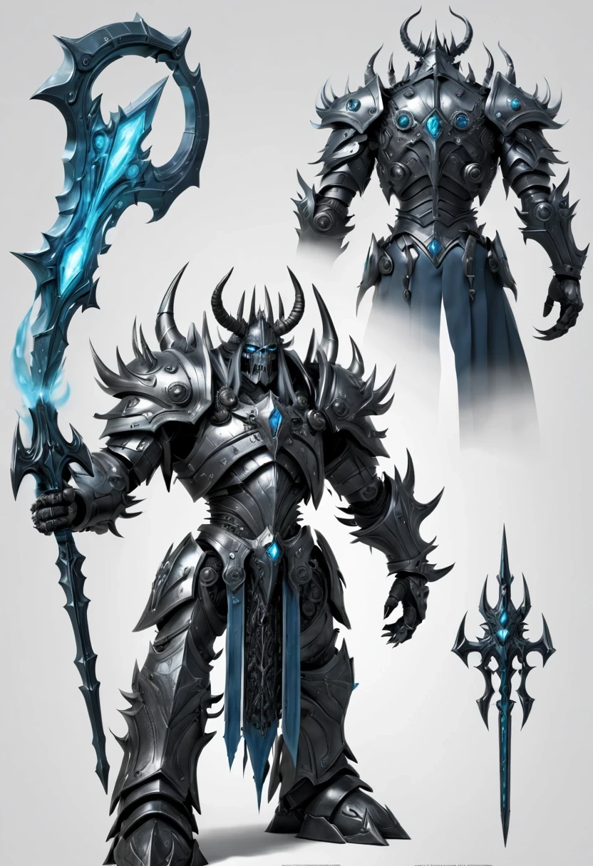 (character design sheet:1.5)，Demonic battlefield，Mechanical Lich King，The Lich King&#39;s future weapons，Mechanical structure，High-tech equipment，magical creatures，three sided view, figure, Reference table, gothic art, ultra high definition, retina, masterpiece, 1080p, 16k, Award-winning