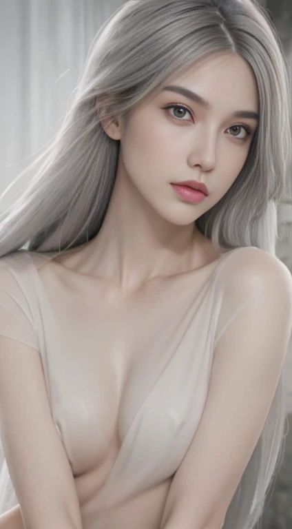 1girl, ((Upper body, narrow waist, waist, girl, gray hair, long hair, black eye)), (Front view, From before), looking at the viewer, highest quality, masterpiece, ultra high resolution, (realistic:1.4), 8k, clean, (incredibly absurd, super detailed,CG ,unity ,8k wallpaper), (detailed face :1.4),(detailed and beautiful eyes :1.2),(fine hair), light shines on your face, cinematic lighting, perfect face, lips, adult, alone, ,Completely naked, See through, (( white skin, real skin, middle_chest))pink pussy,Hard, small, pink nipples、完璧な形のきれいなchest、perfect shaped beautiful butt