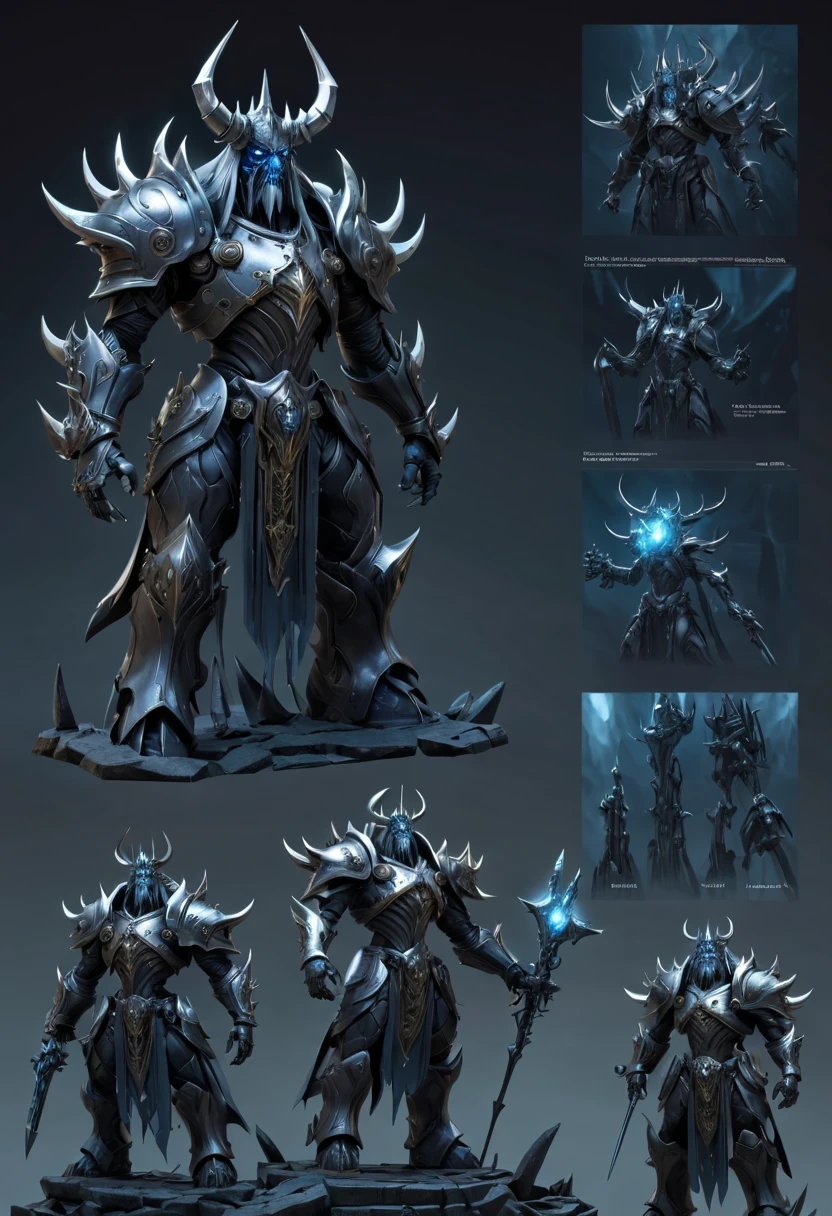 (character design sheet:1.5)，Demonic battlefield，Mechanical Lich King，The Lich King&#39;s future weapons，Mechanical structure，High-tech equipment，magical creatures，three sided view, figure, Reference table, gothic art, ultra high definition, retina, masterpiece, 1080p, 16k, Award-winning