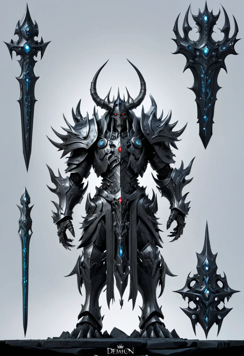 (character design sheet:1.5)，Demonic battlefield，Mechanical Lich King，The Lich King&#39;s future weapons，Mechanical structure，High-tech equipment，magical creatures，three sided view, figure, Reference table, gothic art, ultra high definition, retina, masterpiece, 1080p, 16k, Award-winning