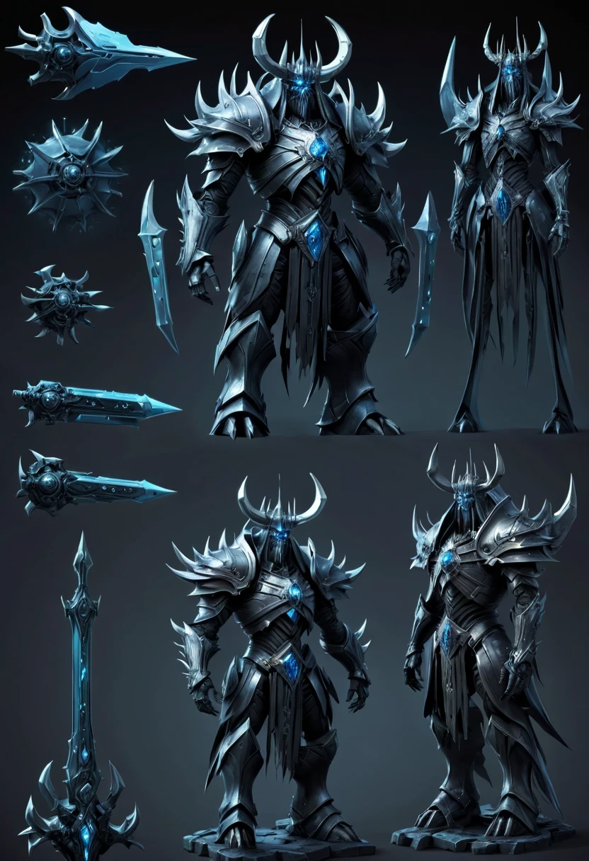 (character design sheet:1.5)，Demonic battlefield，Mechanical Lich King，The Lich King&#39;s future weapons，Mechanical structure，High-tech equipment，magical creatures，three sided view, figure, Reference table, gothic art, ultra high definition, retina, masterpiece, 1080p, 16k, Award-winning