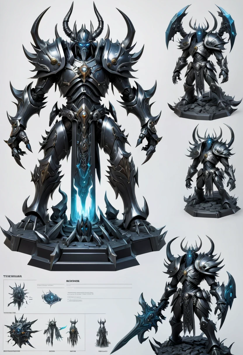 (character design sheet:1.5)，Demonic battlefield，Mechanical Lich King，The Lich King&#39;s future weapons，Mechanical structure，High-tech equipment，magical creatures，three sided view, figure, Reference table, gothic art, ultra high definition, retina, masterpiece, 1080p, 16k, Award-winning