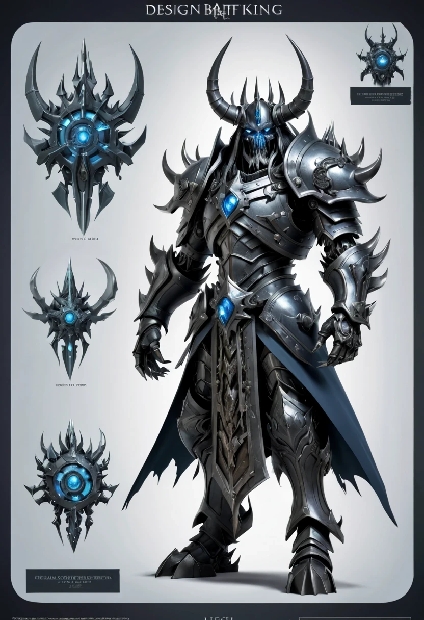 (character design sheet:1.5)，Demonic battlefield，Mechanical Lich King，The Lich King&#39;s future weapons，Mechanical structure，High-tech equipment，magical creatures，three sided view, figure, Reference table, gothic art, ultra high definition, retina, masterpiece, 1080p, 16k, Award-winning