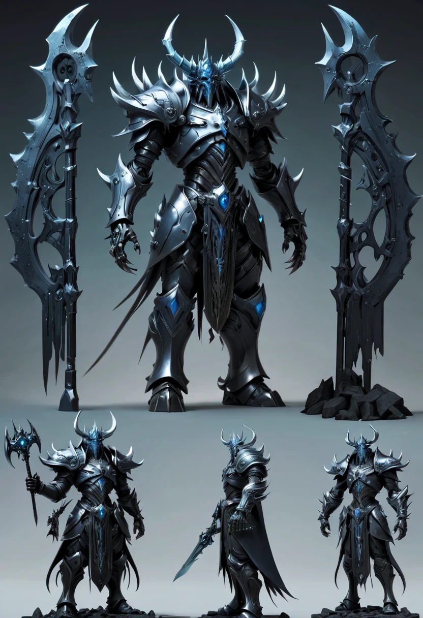 (character design sheet:1.5)，Demonic battlefield，Mechanical Lich King，The Lich King&#39;s future weapons，Mechanical structure，High-tech equipment，magical creatures，three sided view, figure, Reference table, gothic art, ultra high definition, retina, masterpiece, 1080p, 16k, Award-winning