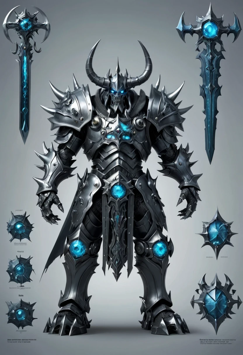 (character design sheet:1.5)，Demonic battlefield，Mechanical Lich King，The Lich King&#39;s future weapons，Mechanical structure，High-tech equipment，magical creatures，three sided view, figure, Reference table, gothic art, ultra high definition, retina, masterpiece, 1080p, 16k, Award-winning