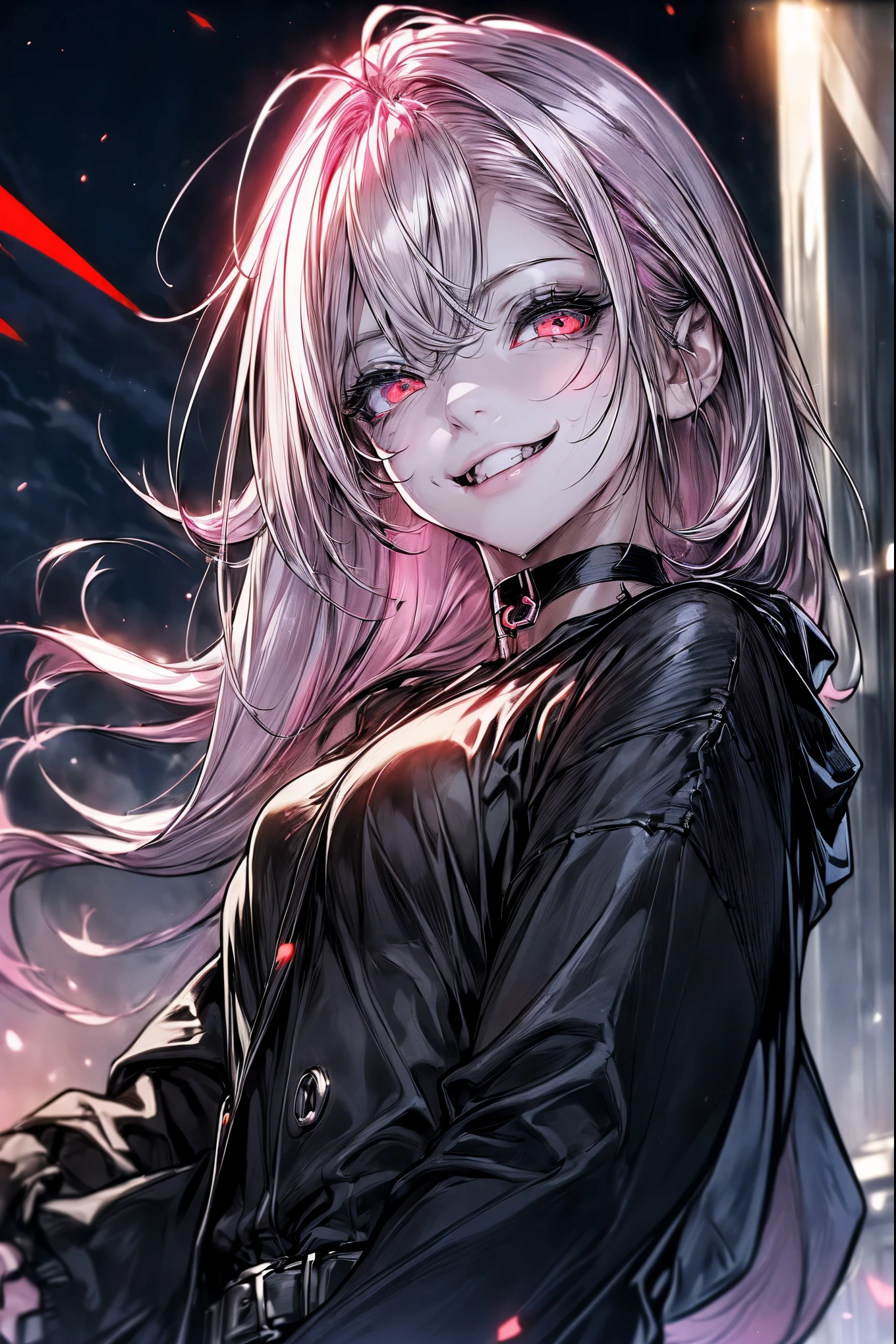 scene:0.9, (masterpiece), best quality, (((ultra detailed, 8k quality))), looking at viewer, (pink hair, side bang, expressive red eyes:0.7, glowing red eyes), (depth perception:0.7, black background,), ((torso)), ((centered)), ((smile, close-up, neck choker, ((SFW)), oversize black jacket, face focus, (clenched teeth), (devious smile, devious eyes), shaded face, night time, dark, woman, high contrast colors, blood on face