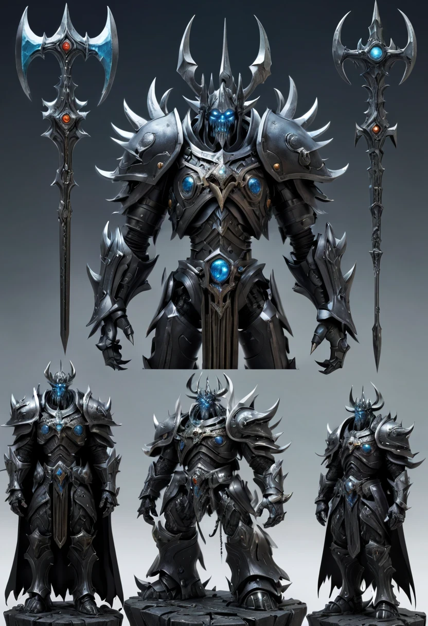 (character design sheet:1.5)，Demonic battlefield，Mechanical Lich King，The Lich King&#39;s future weapons，Mechanical structure，High-tech equipment，magical creatures，three sided view, figure, Reference table, gothic art, ultra high definition, retina, masterpiece, 1080p, 16k, Award-winning