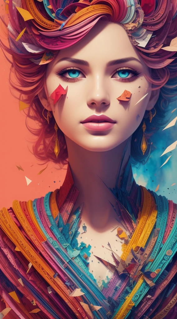 ultra detailed artistic abstract photography of Geometrical Woman, 32k trendy abstract poster of a beautiful woman, hair made of 3D paper quilling design, abstract paper quilling, detailed symmetric hazel eyes with circular iris, shattered paper fragments, natural body posture,  by artist russ mills, art by alberto seveso, by Carne Griffiths, by Wadim Kashin, symmetrical, abstract artstyle, intricate complex watercolor painting, sharp eyes, digital painting, color explosion, concept art, voluminetric lighting, TanvirTamim, 3D octane render, 8k. by artgerm, trending on artstation, cinematic 4d, Epic cinematic brilliant stunning intricate meticulously detailed dramatic atmospheric maximalist digital matte painting, realistic, complementary colors 