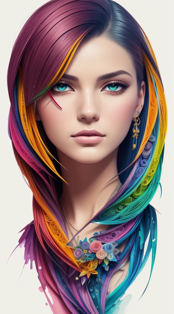 ultra detailed artistic abstract photography of Geometrical Woman, 32k trendy abstract poster of a beautiful woman, hair made of 3D paper quilling design, abstract paper quilling, detailed symmetric hazel eyes with circular iris, shattered paper fragments, natural body posture,  by artist russ mills, art by alberto seveso, by Carne Griffiths, by Wadim Kashin, symmetrical, abstract artstyle, intricate complex watercolor painting, sharp eyes, digital painting, color explosion, concept art, voluminetric lighting, TanvirTamim, 3D octane render, 8k. by artgerm, trending on artstation, cinematic 4d, Epic cinematic brilliant stunning intricate meticulously detailed dramatic atmospheric maximalist digital matte painting, realistic, complementary colors 