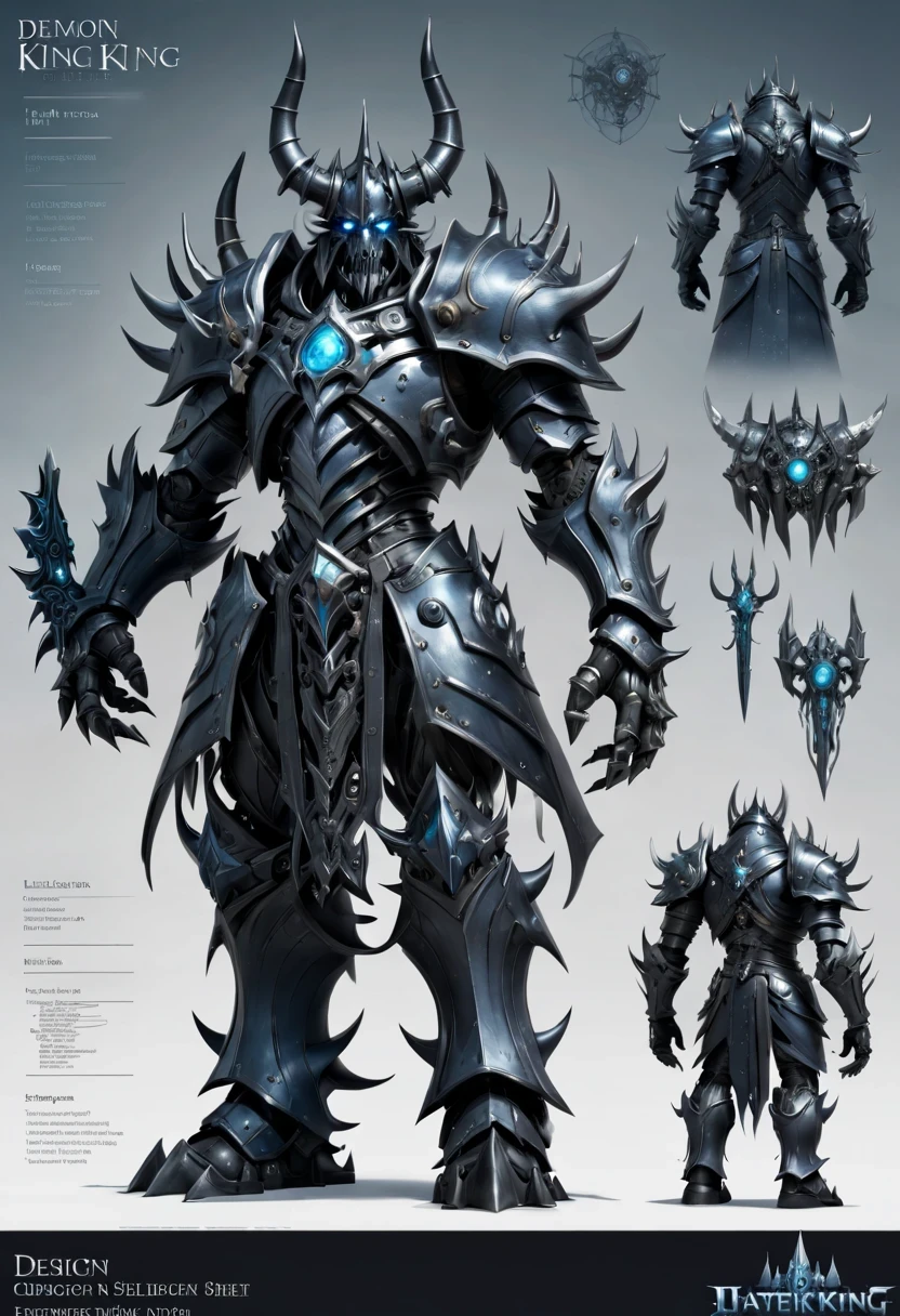 (character design sheet:1.5)，Demonic battlefield，Mechanical Lich King，The Lich King&#39;s future weapons，Mechanical structure，High-tech equipment，magical creatures，three sided view, figure, Reference table, gothic art, ultra high definition, retina, masterpiece, 1080p, 16k, Award-winning