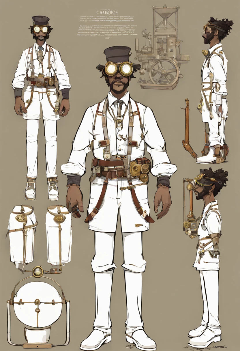 character reference sheet {Realistic character design sheet of a steampunk inventor, multiple views including front, side, and 3/4, detailed mechanical gadgets on belt, leather apron with intricate tool designs, brass goggles atop messy hair, DSLR, Nikon D850} . turnaround views, detailed anatomy, color palette, multiple poses, highly detailed, multiple views of the same character, model sheet, character sheet