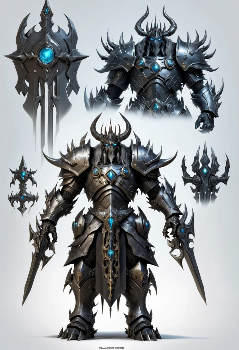 (character design sheet:1.5)，Demonic battlefield，Mechanical Lich King，The Lich King&#39;s future weapons，Mechanical structure，High-tech equipment，magical creatures，three sided view, figure, Reference table, gothic art, ultra high definition, retina, masterpiece, 1080p, 16k, Award-winning