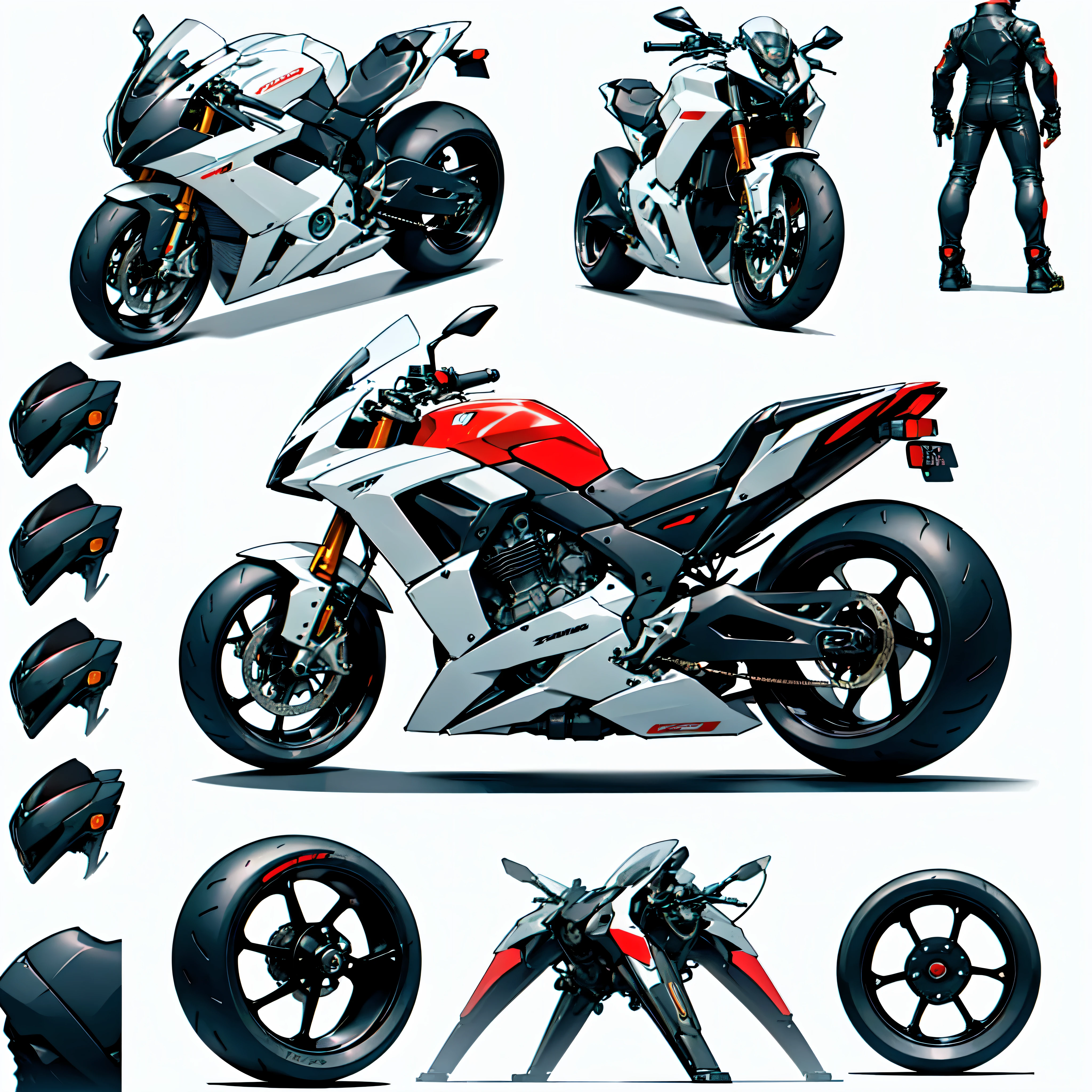 anime style futuristic motorcycle with a robust faired body, inspired by Ducati Ghost, (((view of the motorbike in front, side, up, back view))), full body concept, anime illustration, ( ( motorbike concept art ) ), full vehicle concept art, white background