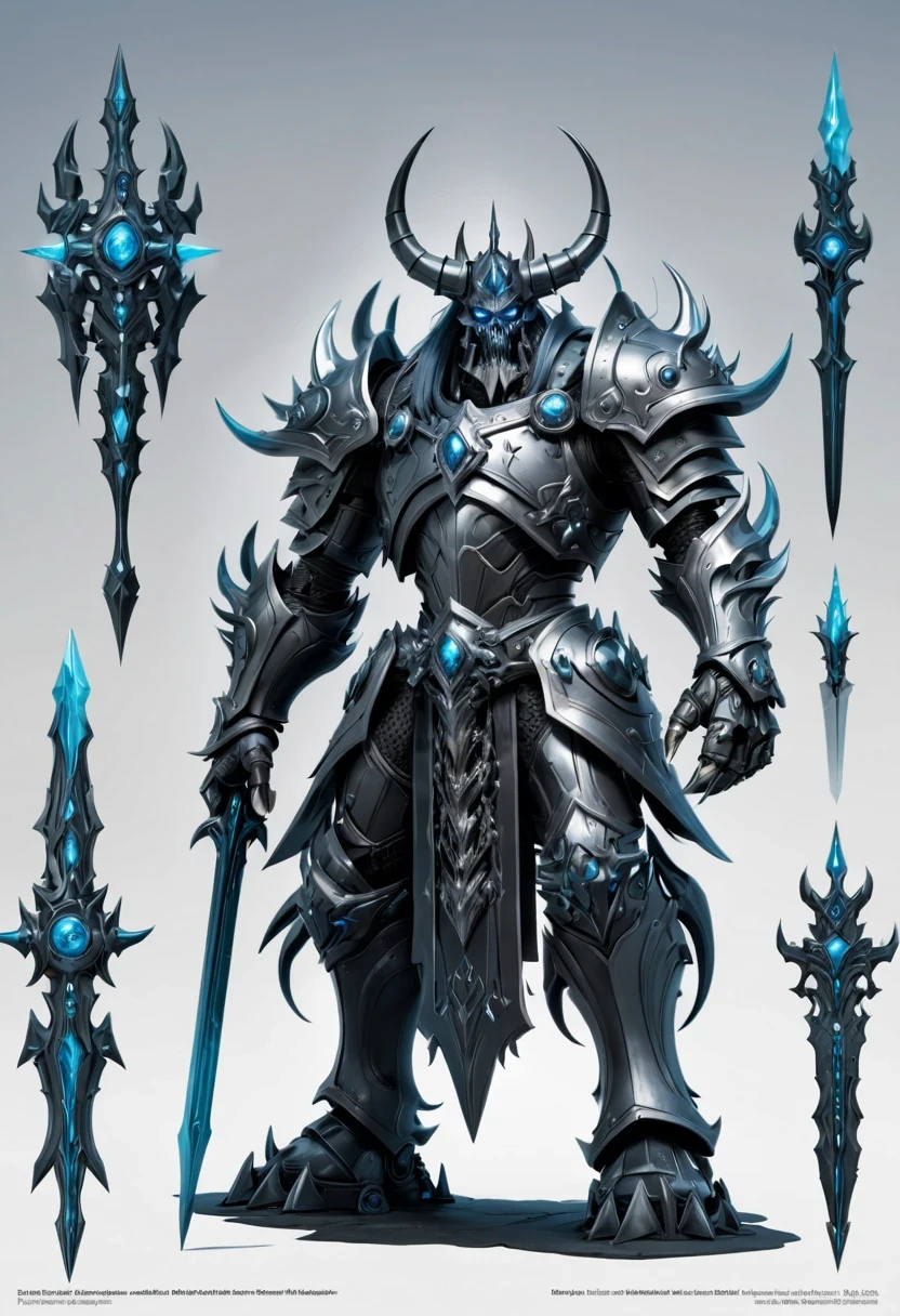(character design sheet:1.5),Demonic battlefield,Mechanical Lich King,The Lich King's future weapons,Mechanical structure,High-tech equipment,magical creatures,three sided view, figure, Reference table, gothic art, ultra high definition, retina, masterpiece, 1080p, 16k, Award-winning