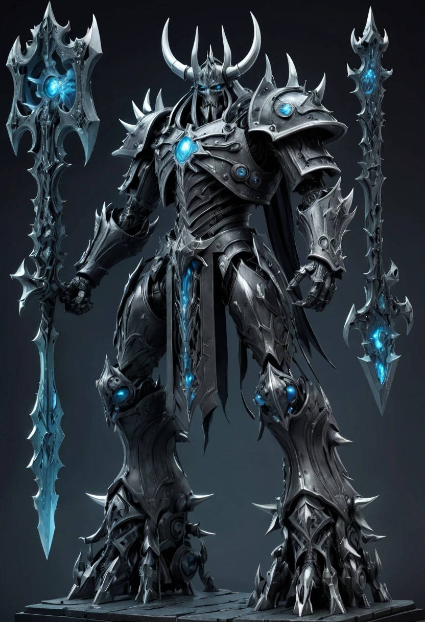 (character design sheet:1.5)，Demonic battlefield，Mechanical Lich King，The Lich King&#39;s future weapons，Mechanical structure，High-tech equipment，magical creatures，three sided view, figure, Reference table, gothic art, ultra high definition, retina, masterpiece, 1080p, 16k, Award-winning