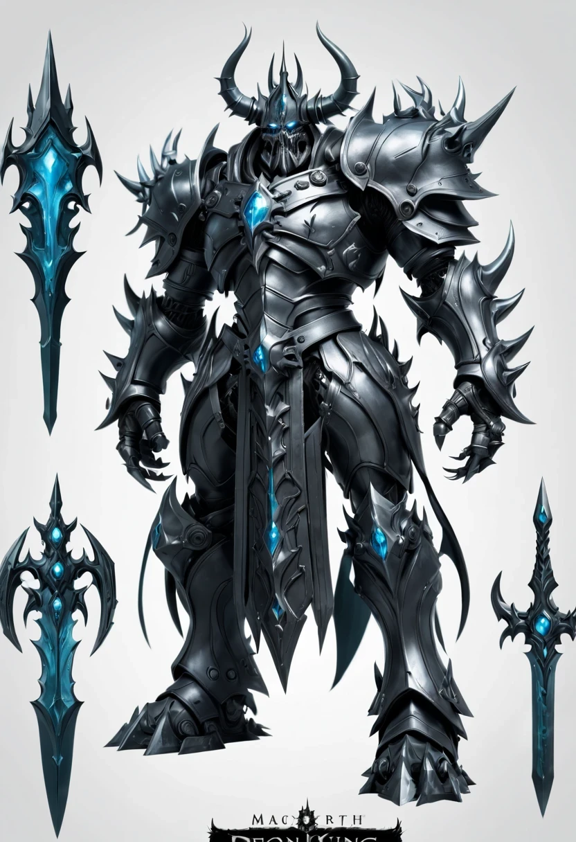 (character design sheet:1.5)，Demonic battlefield，Mechanical Lich King，The Lich King&#39;s future weapons，Mechanical structure，High-tech equipment，magical creatures，three sided view, figure, Reference table, gothic art, ultra high definition, retina, masterpiece, 1080p, 16k, Award-winning