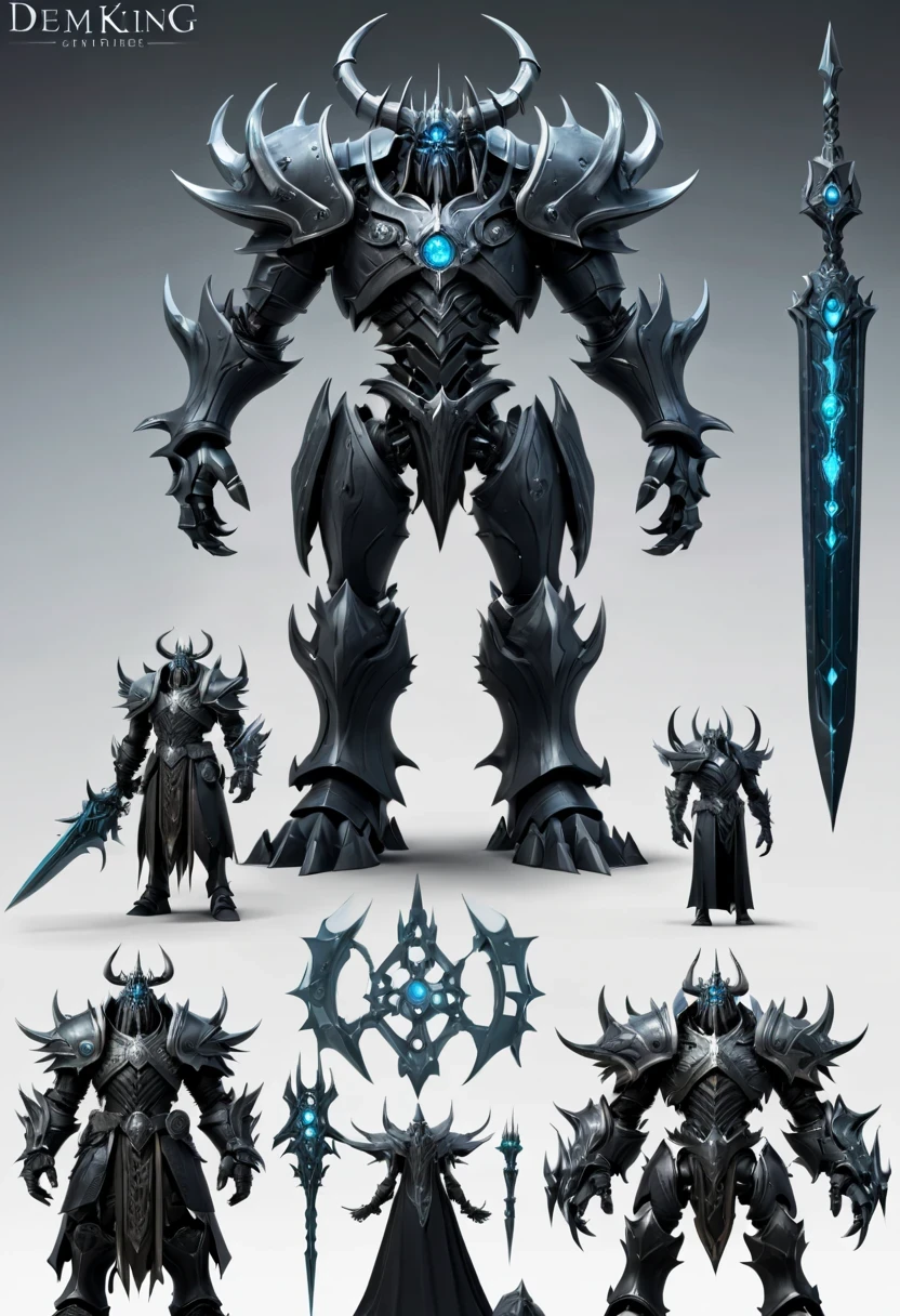 (character design sheet:1.5)，Demonic battlefield，Mechanical Lich King，The Lich King&#39;s future weapons，Mechanical structure，High-tech equipment，magical creatures，three sided view, figure, Reference table, gothic art, ultra high definition, retina, masterpiece, 1080p, 16k, Award-winning