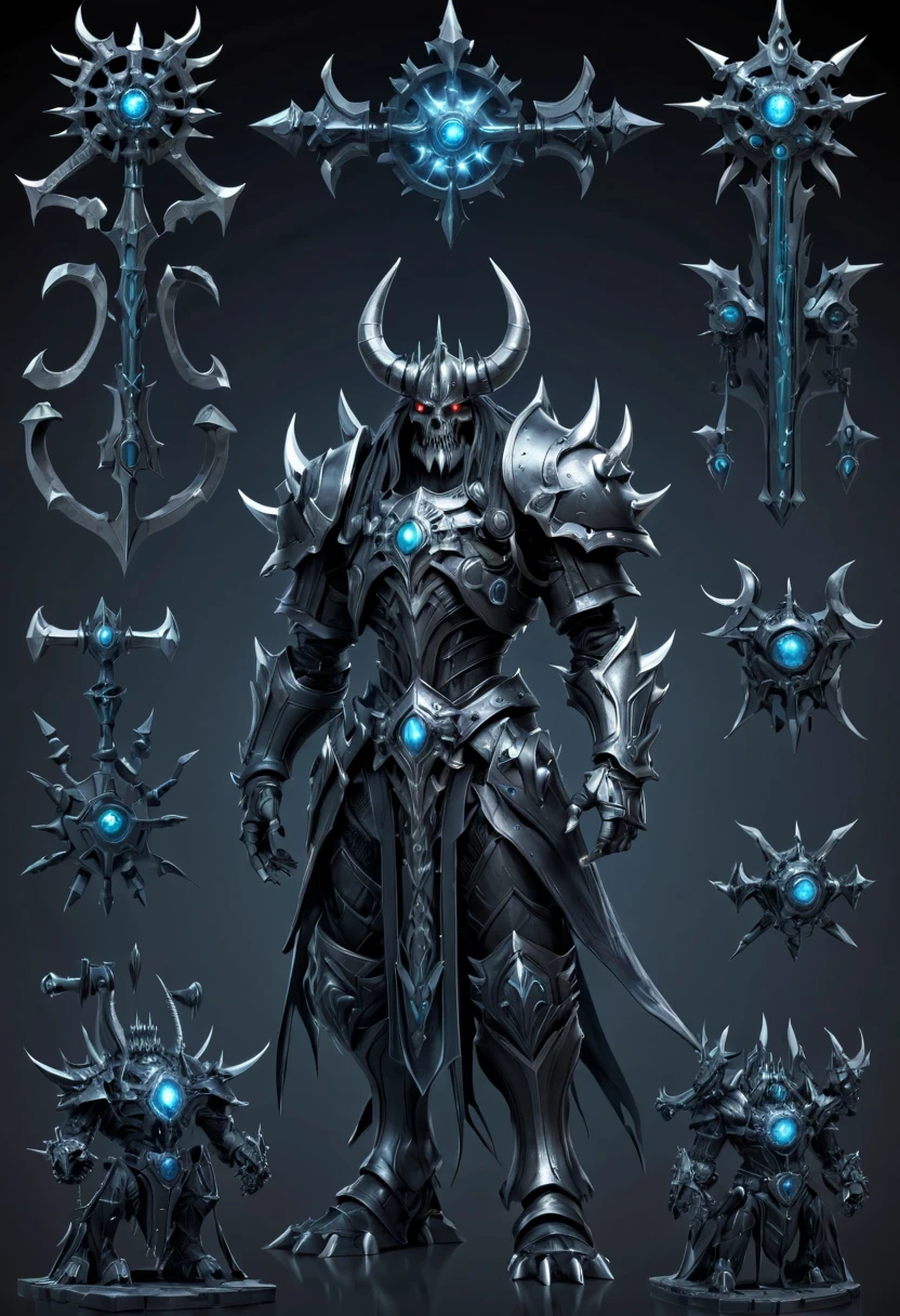 (character design sheet:1.5),Demonic battlefield,Mechanical Lich King,The Lich King's future weapons,Mechanical structure,High-tech equipment,magical creatures,three sided view, figure, Reference table, gothic art, ultra high definition, retina, masterpiece, 1080p, 16k, Award-winning
