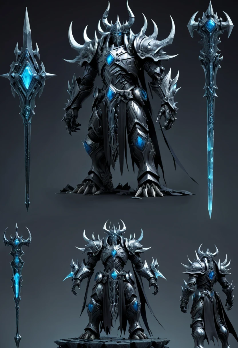 (character design sheet:1.5),Demonic battlefield,Mechanical Lich King,The Lich King's future weapons,Mechanical structure,High-tech equipment,magical creatures,three sided view, figure, Reference table, gothic art, ultra high definition, retina, masterpiece, 1080p, 16k, Award-winning