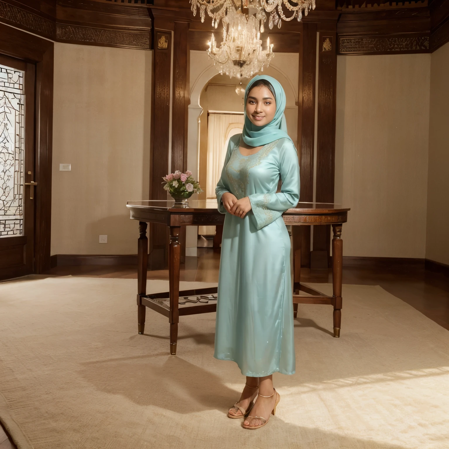 (Best quality, high resolution, masterpiece: 1.3), beautiful Javanese Lady in hijab, slim figure, detailed facial and skin texture, detailed huge tits, detailed eyes, double eyelids, green eyes, long legs, closed up HDR, 8k resolution, nice fingers, brown skin, ((( high detailed skin, visible pores))), 1 female, tall, standing be side a table, 18 years old, wearing hijab and pastel Arabic Silk long dress Muslim robes, detailed all Full Body picture, Beautiful smile, perfect detailed wearing slippers