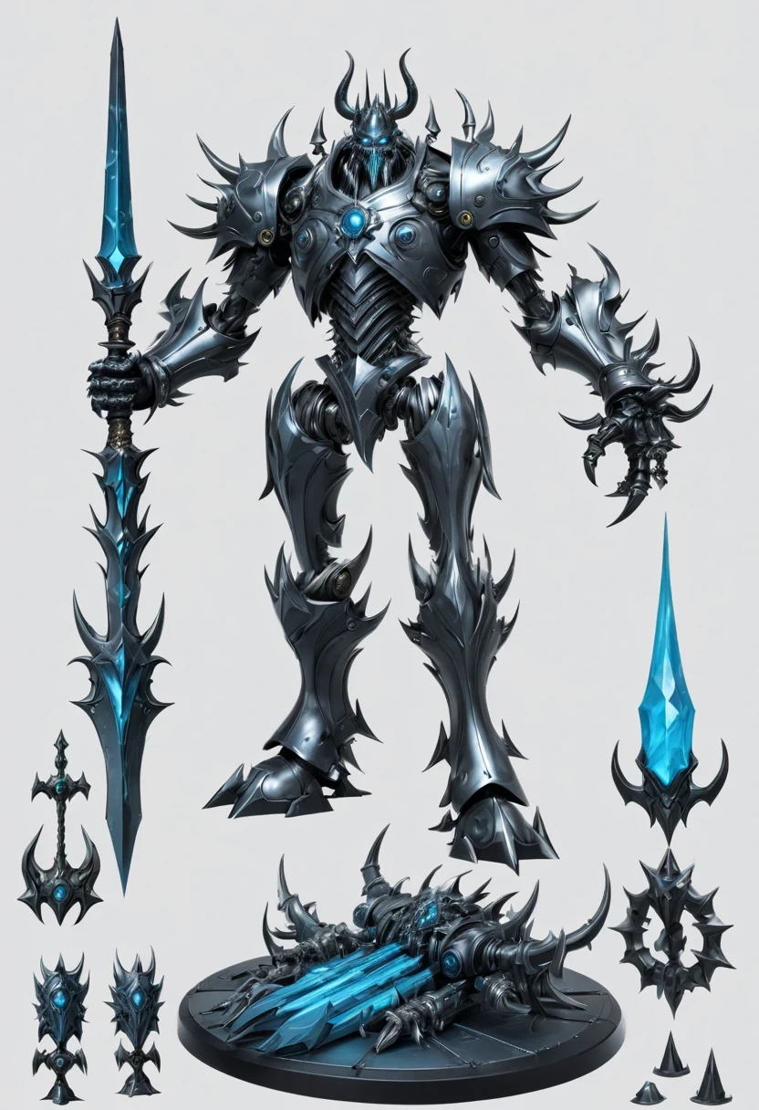 (character design sheet:1.5)，Demonic battlefield，Mechanical Lich King，The Lich King&#39;s future weapons，Mechanical structure，High-tech equipment，magical creatures，three sided view, figure, Reference table, gothic art, ultra high definition, retina, masterpiece, 1080p, 16k, Award-winning