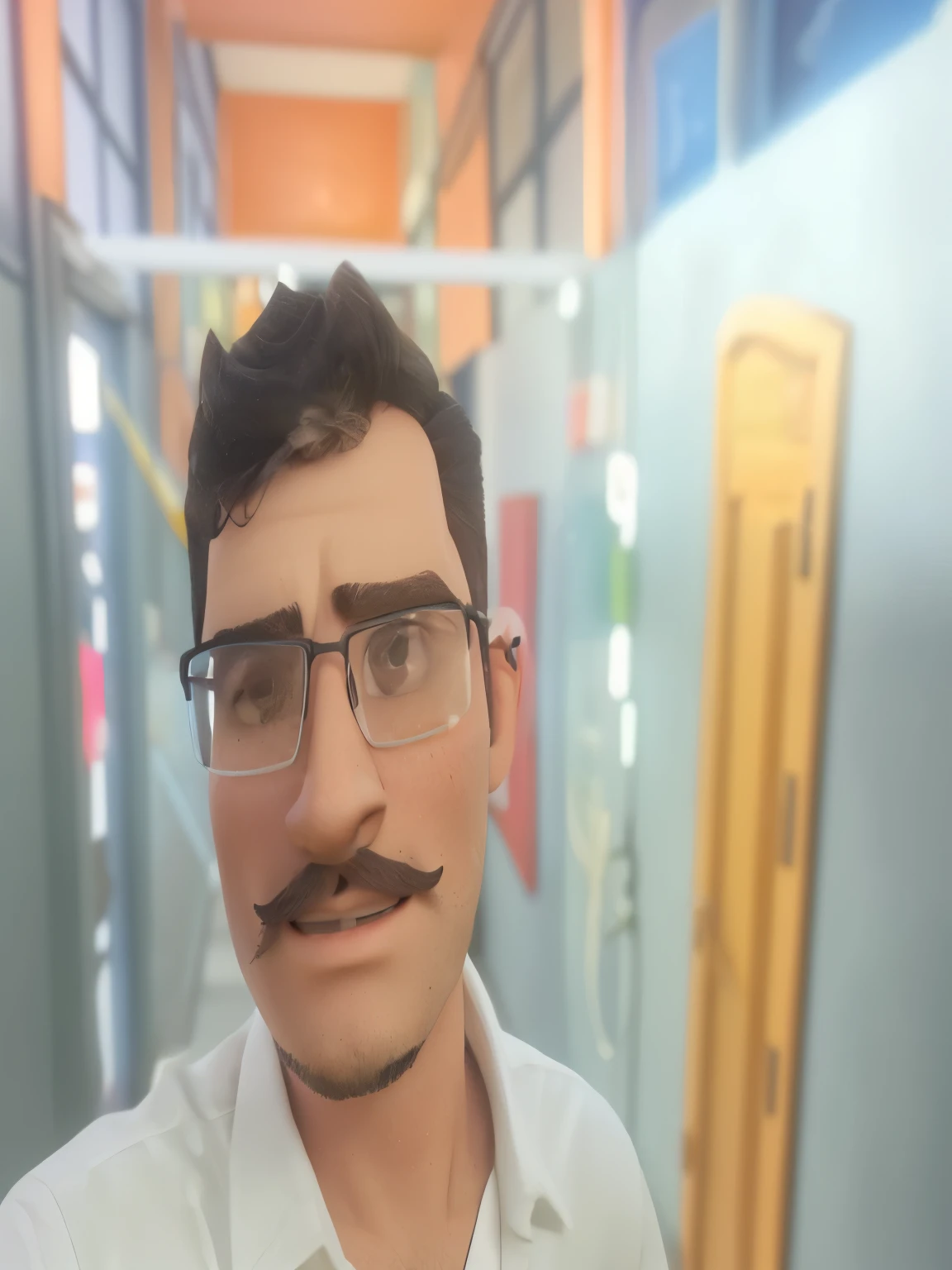 there is a man with glasses and a mustache standing in a hallway, david rios ferreira, fotografia selfie 8k, foto de perfil profissional, imagem de qualidade muito baixa, with glasses and goatee, André Rios, punishment, with nerdy glasses and a goatee, vitor maristane, Carmelo Blandino, Ignatius Fernandez Rios