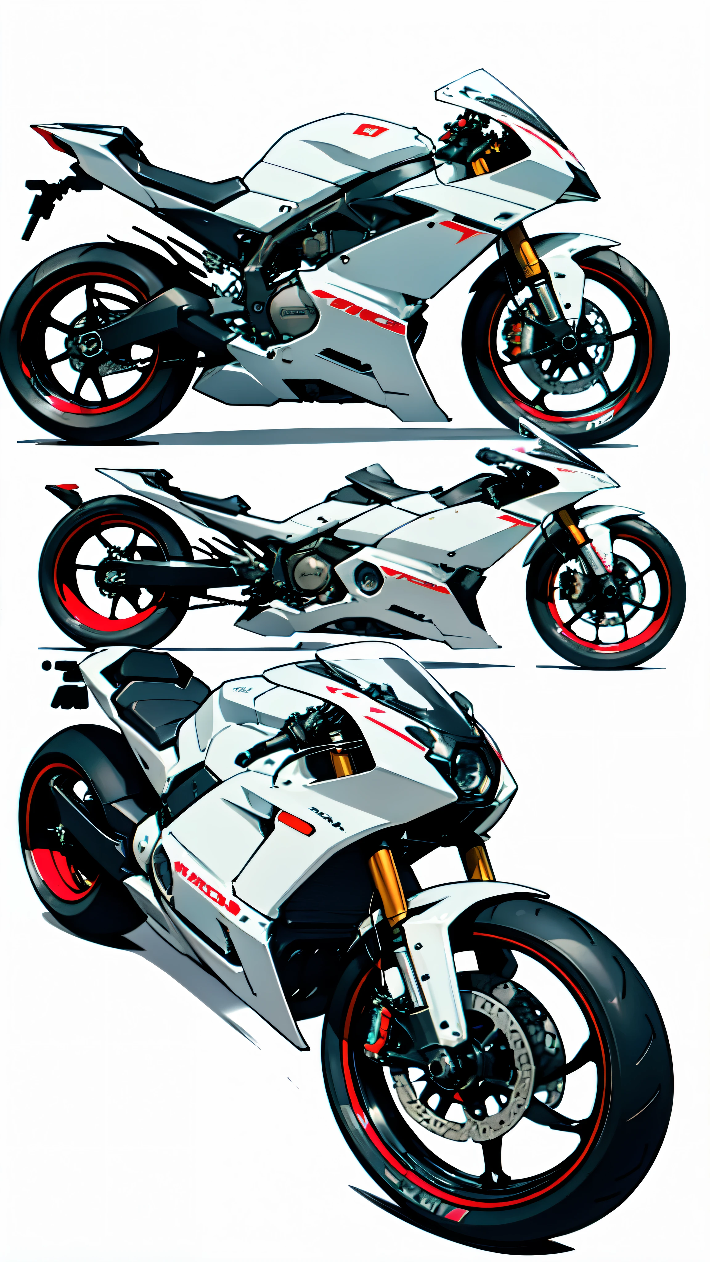 side view of an anime style futuristic white motorcycle with a robust faired body, neon lights, racing decals, inspired by Ducati Ghost, (((side view))), motorcycle concept design, anime illustration, ( ( motorbike concept art ) ), full vehicle concept art, white background