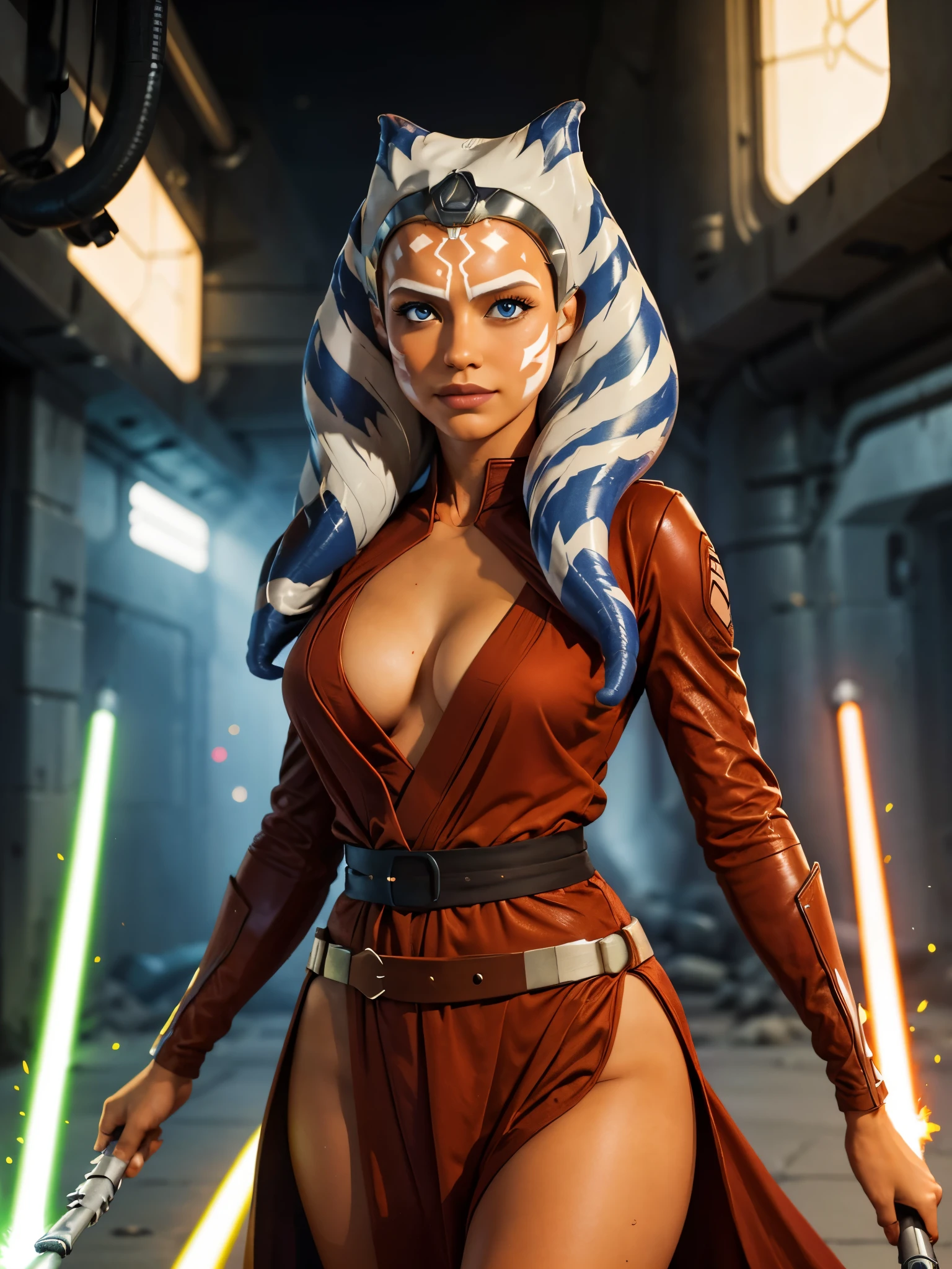 (masterpiece, best quality), 1girl, beautiful face, ahsoka_tano, orange skin, facial mark, tattoo, cleavage, fully clothed, red jedi robe, walking, serious look, curvy body, full body shot, holding light saber in each hand, ready to duel, destroyed war setting