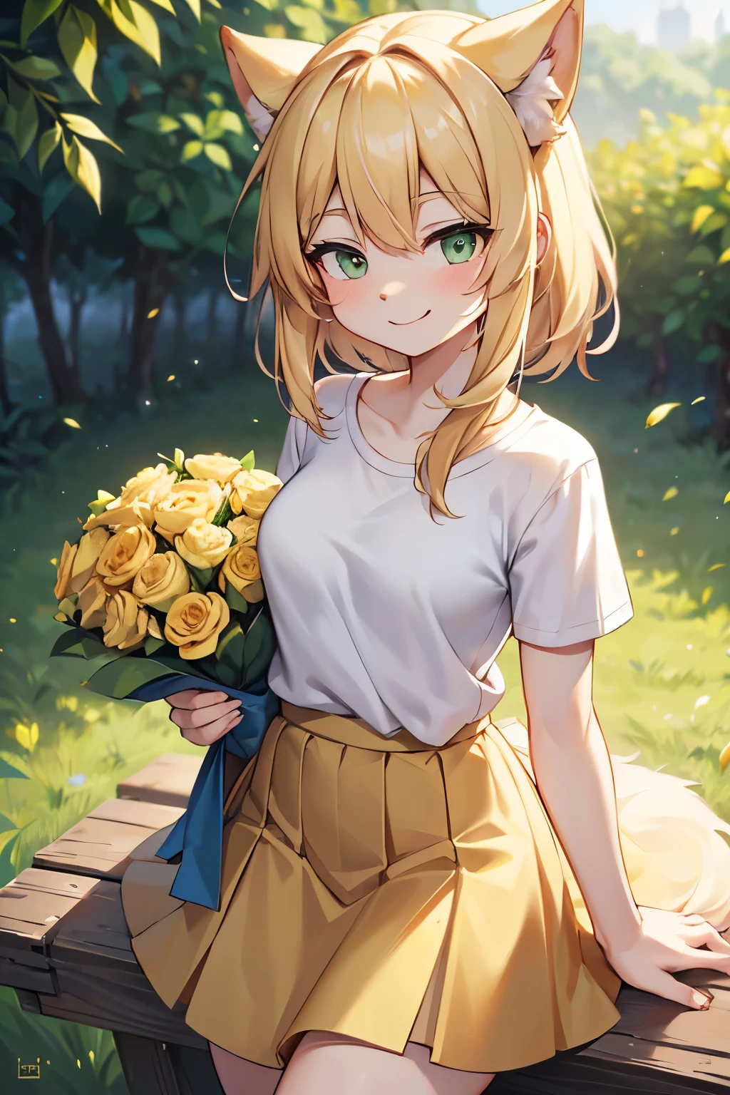 1 girl, (anthro furry:1.2), (two-tone fur, light yellow fur, light blonde hair, smiling, Gray-green eyes, wearing a long yellow skirt, White T-shirt, holding a bouquet in his handasterpiece:1.2),, ultra high resolution, 8K, high quality, (sharp focus:1.2), clean, fresh, cinematic,
