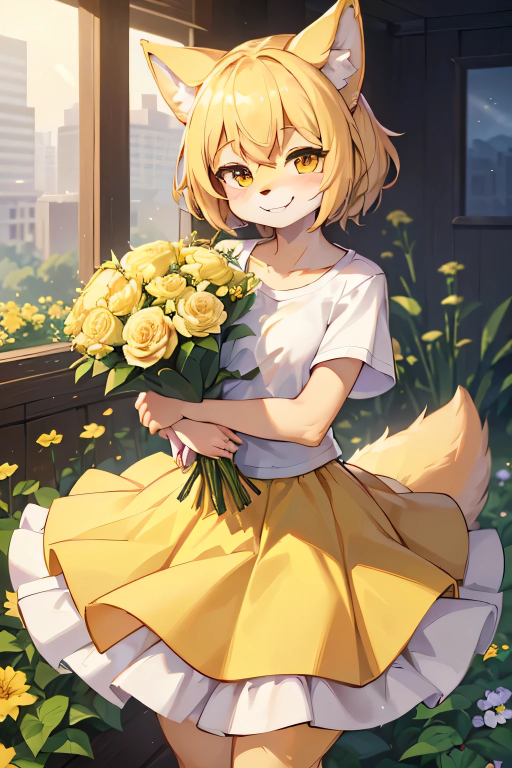 1 girl, (anthro furry:1.2), (two-tone fur, light yellow fur, smiling, in a long yellow skirt, White T-shirt, holding a bouquet of flowers in his product:1.2),, ultra high resolution, 8K, high quality, (sharp focus:1.2), clean, fresh, cinematic,